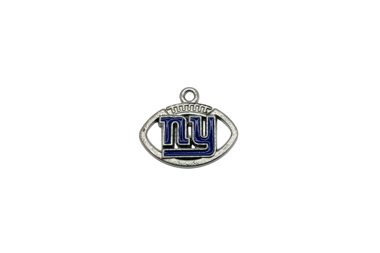 Silver football emblem with navy enamel initials