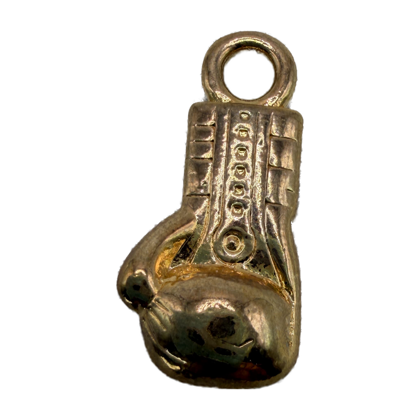 Polished gold boxing glove charm with lace detailing and glossy finish
