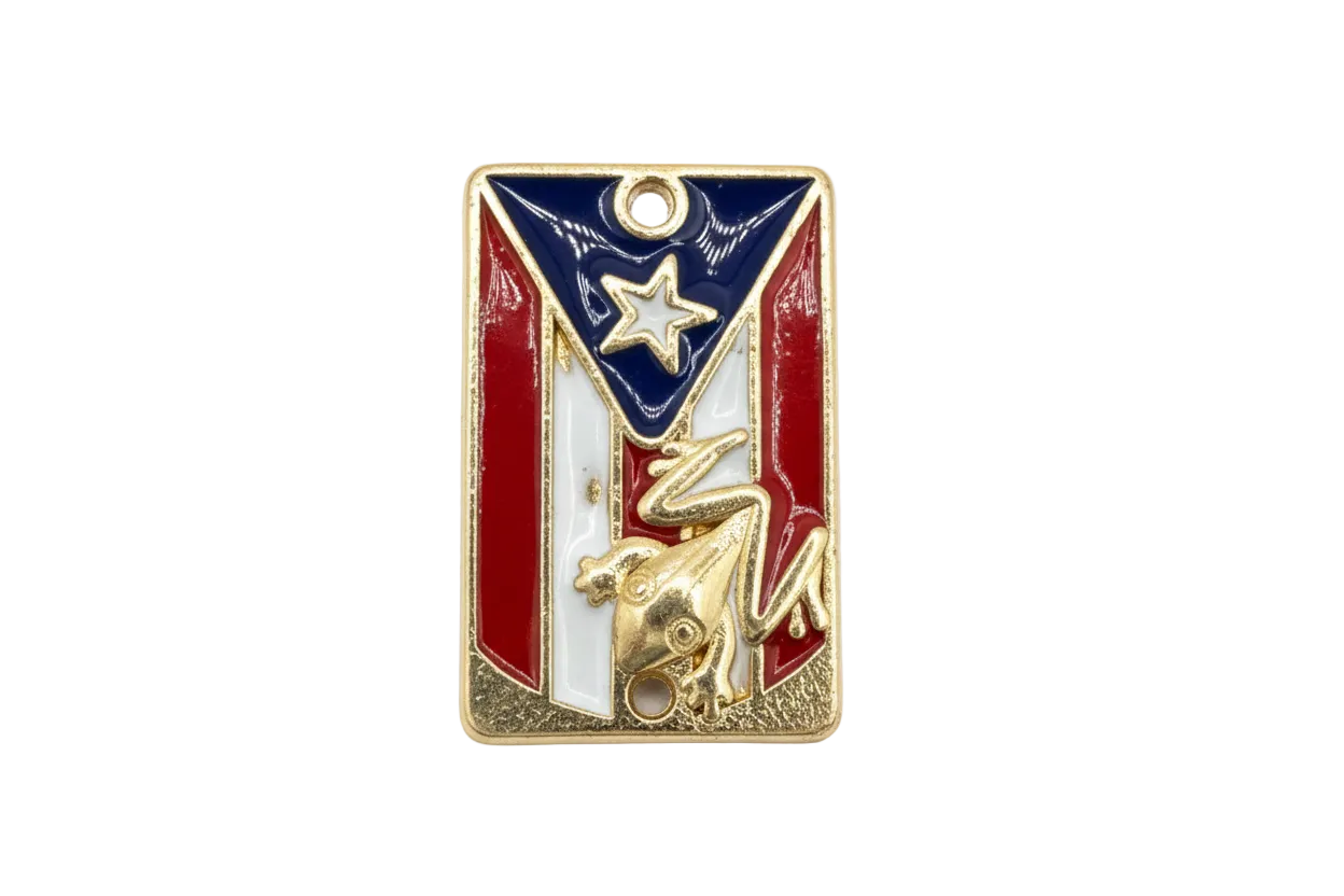 Gold rectangular enamel flag plaque in red, white, and navy with a raised frog and star and tiny clear crystals