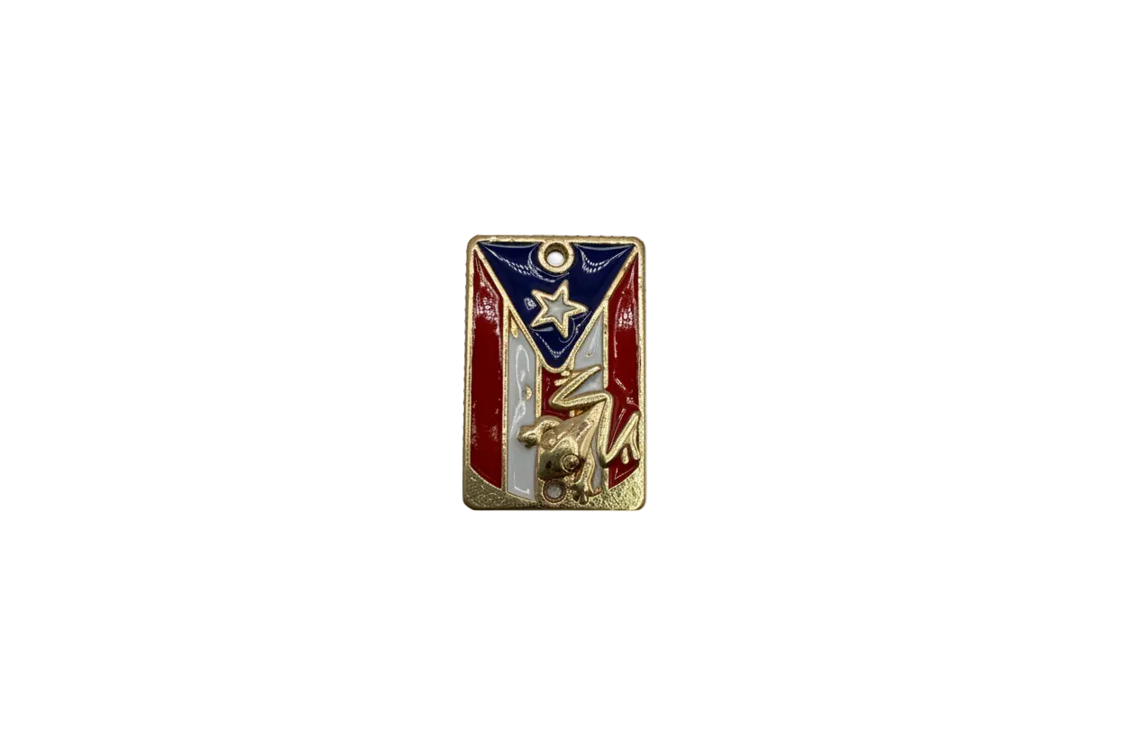 Enamel flag plaque with raised gold frog, star, and clear crystals