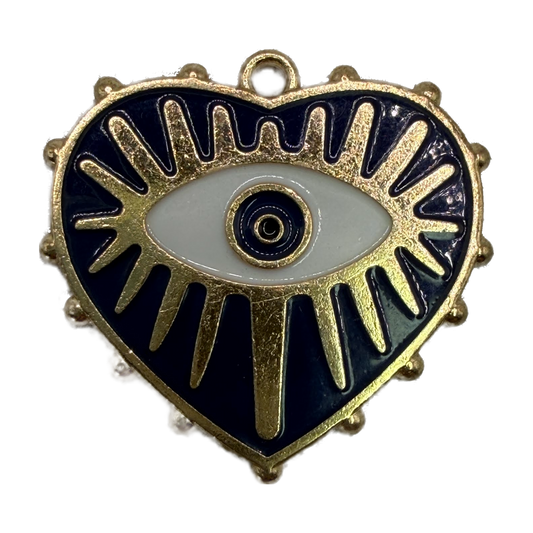 Heart-shaped evil eye motif in navy enamel with gold rays and white center