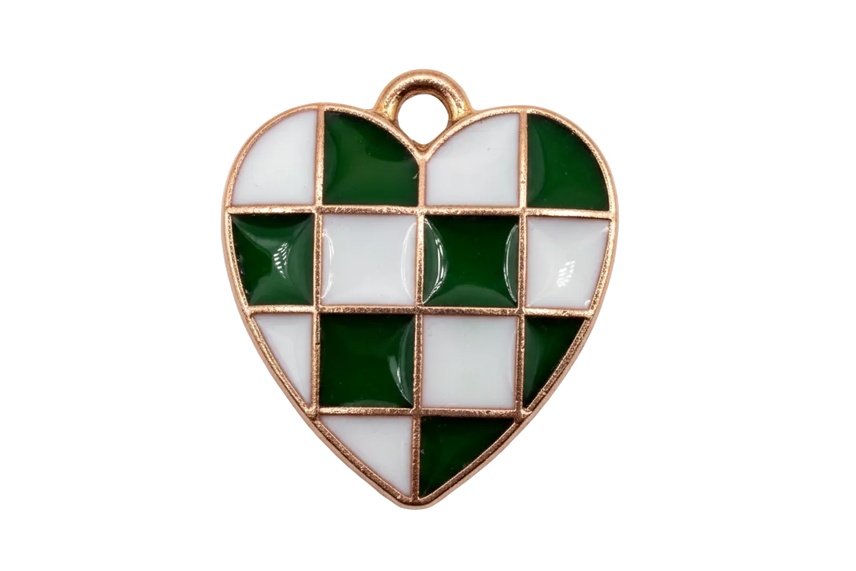 Green and white checkered heart with glossy enamel and gold outline