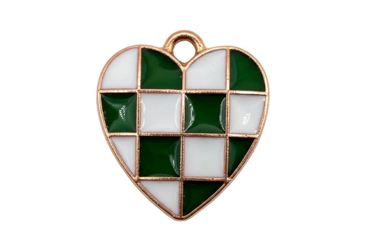 Green and white checkered heart with glossy enamel and gold outline
