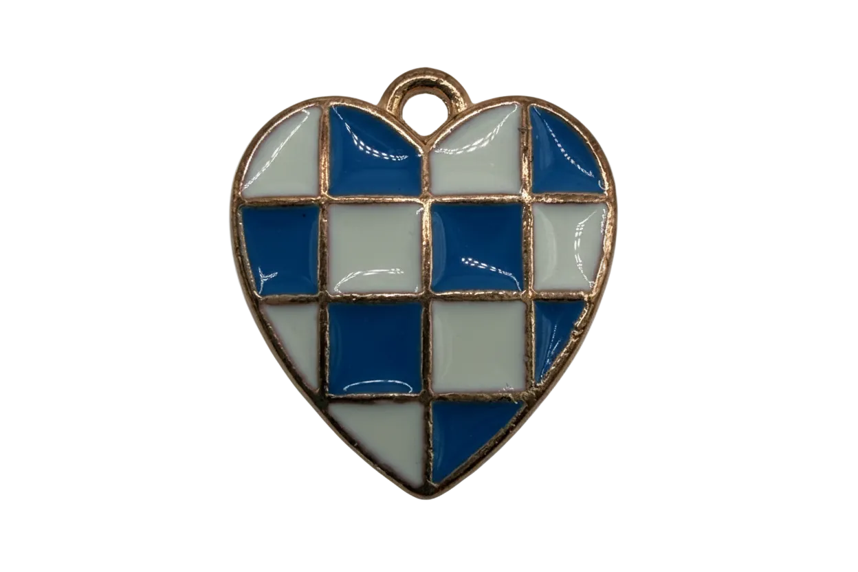 Gold-framed heart with blue and white checkerboard enamel blocks