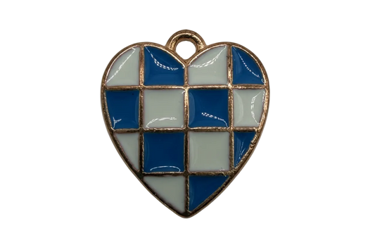 Gold-framed heart with blue and white checkerboard enamel blocks