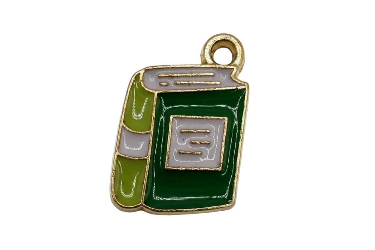 Glossy green hardcover book charm with olive spine, gray label, and gold outline