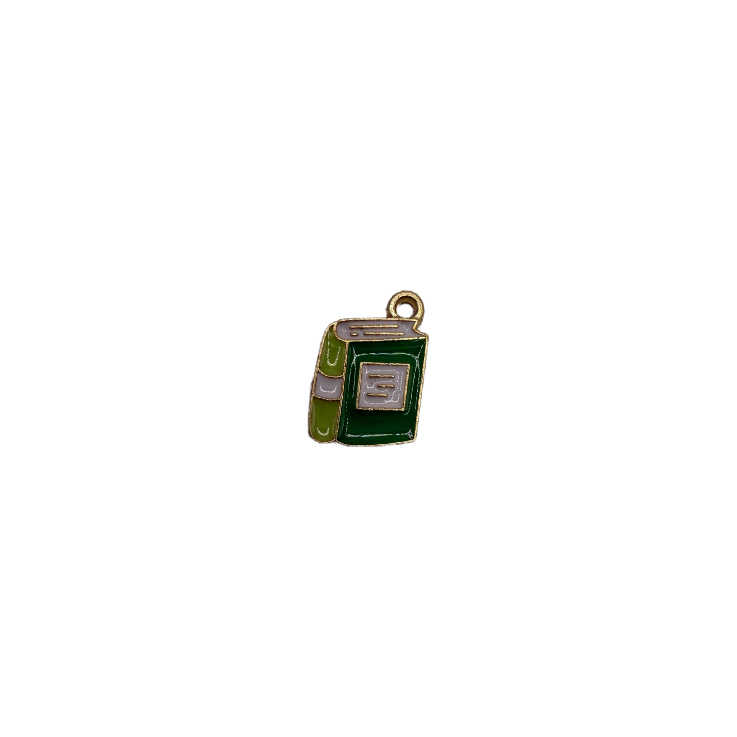 Green enamel hardcover book with gold outline and gray details
