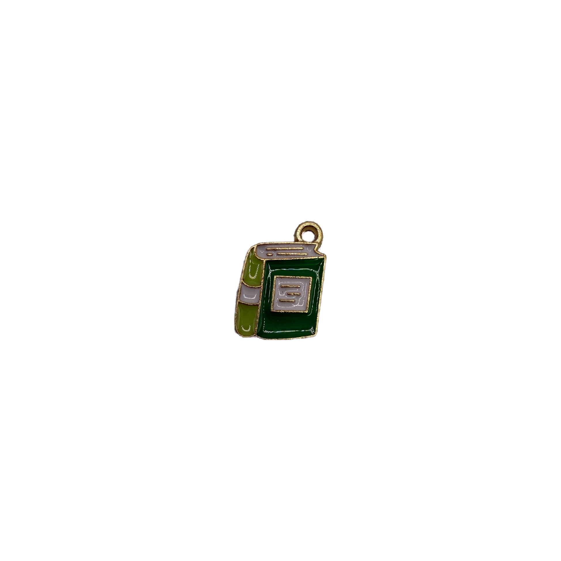 Green enamel hardcover book with gold outline and gray details