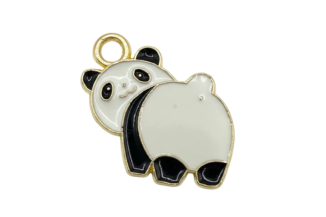 Black and white enamel panda bear with polished gold outline