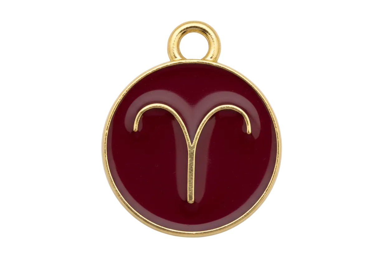 Crimson enamel round Aries zodiac medallion with gold symbol