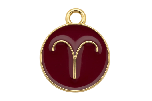 Crimson enamel round Aries zodiac medallion with gold symbol