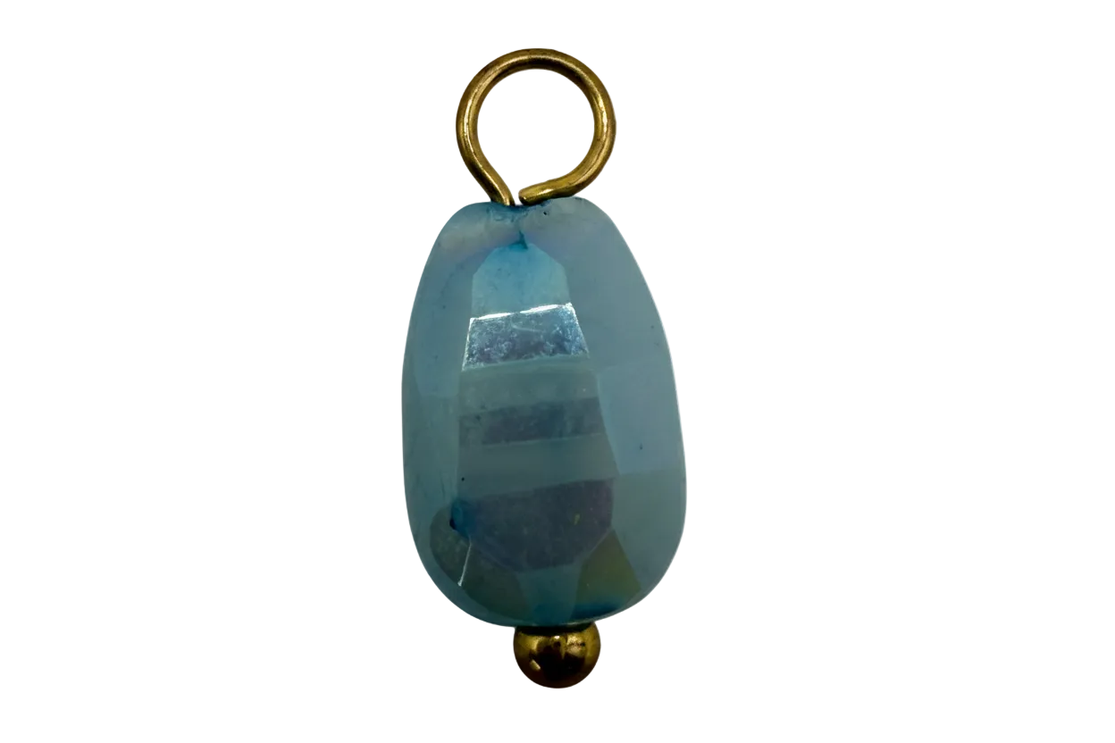 Translucent aqua faceted oval gem with iridescent sheen and gold accents