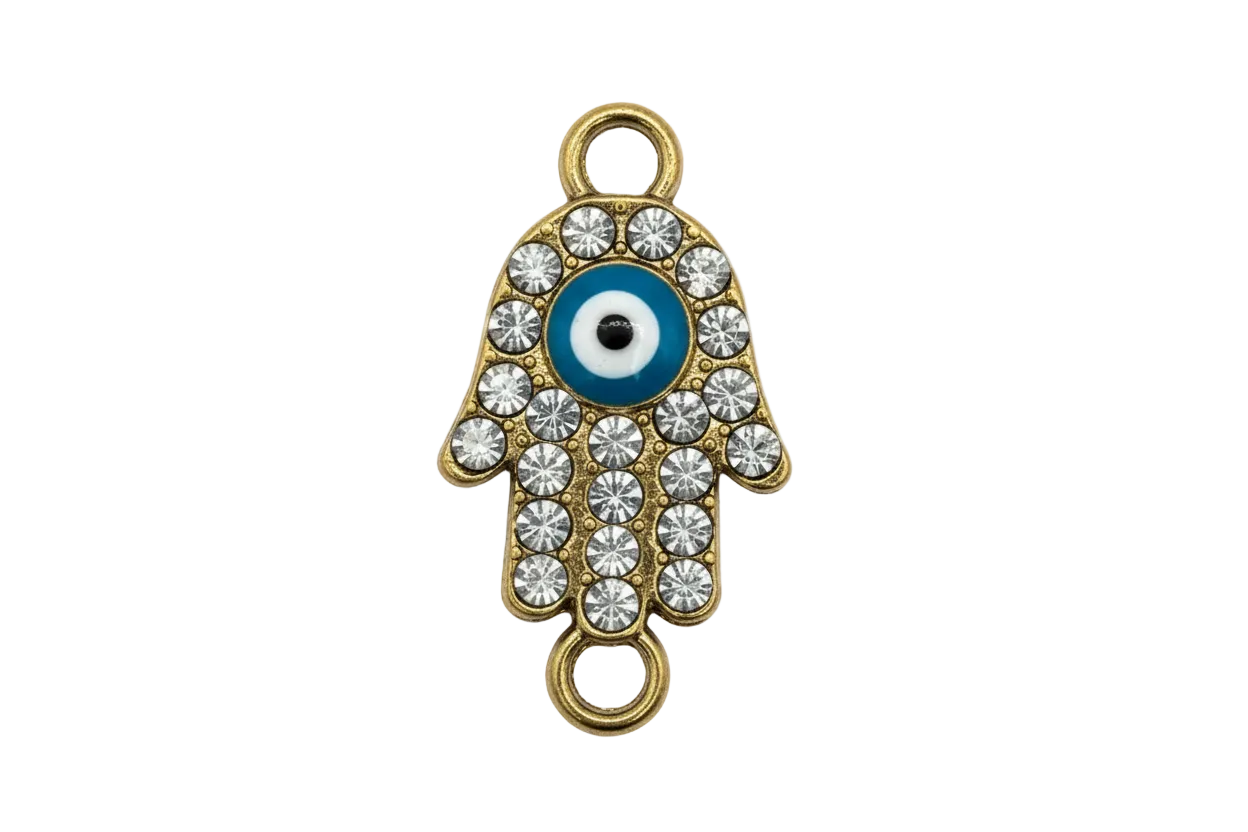 Gold hand talisman with clear crystals and blue evil-eye center