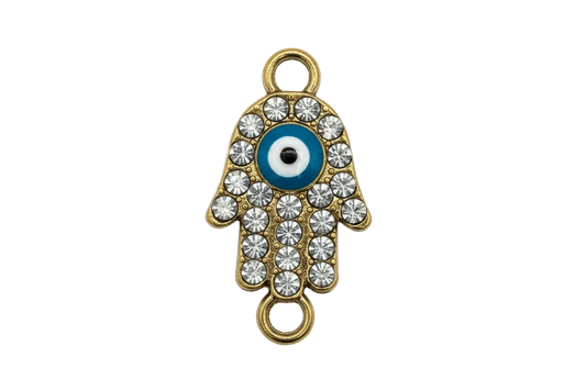 Gold hand talisman with clear crystals and blue evil-eye center