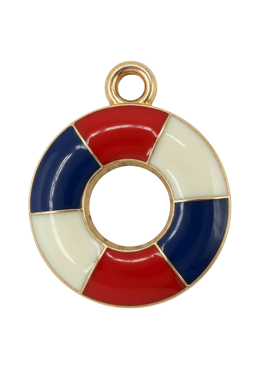 Gold lifebuoy ring with red, navy, and ivory enamel sections and a gray grid-pattern center