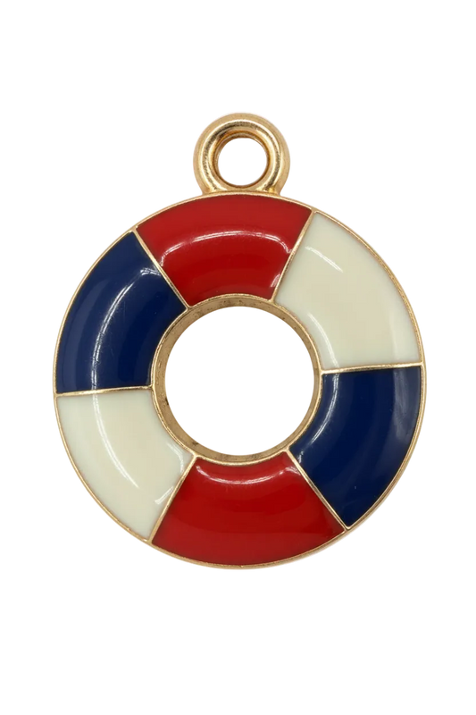 Gold lifebuoy ring with red, navy, and ivory enamel sections and a gray grid-pattern center