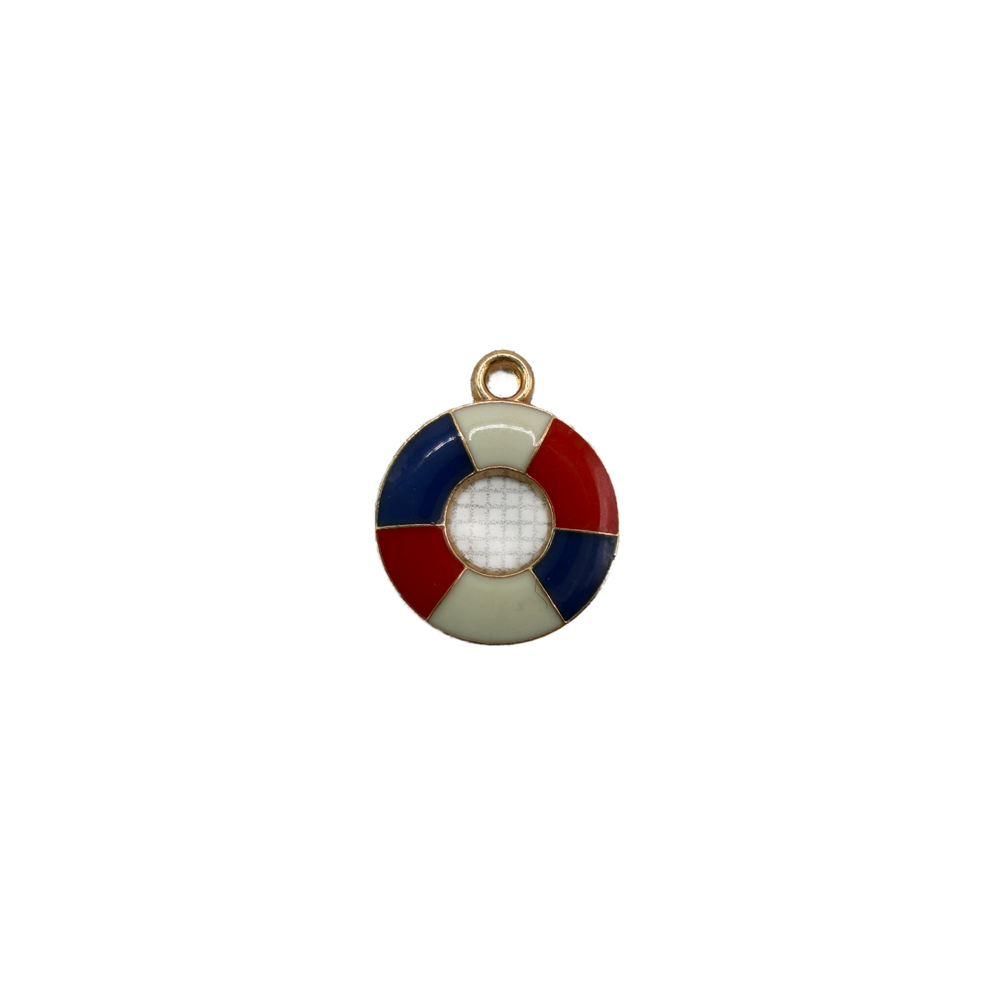 Gold enamel lifebuoy ring in red, navy, and ivory with grid center