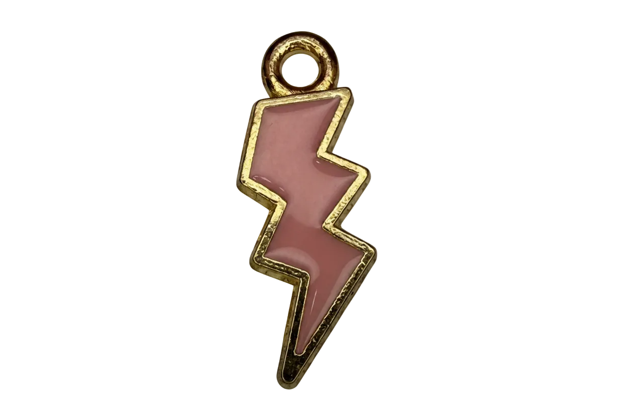Glossy pink enamel lightning bolt with gold border