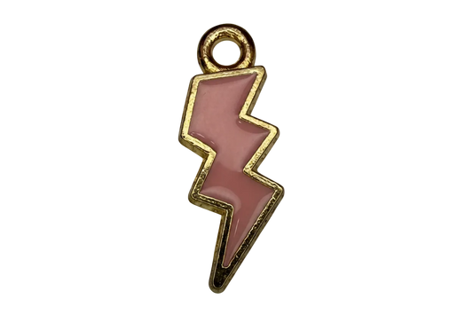 Glossy pink enamel lightning bolt with gold border