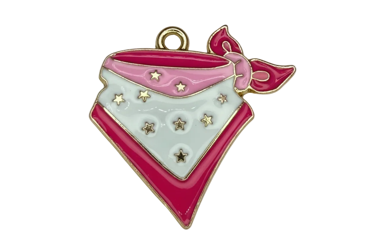 Gold-tone bandana scarf charm in pink and white enamel with tiny gold stars