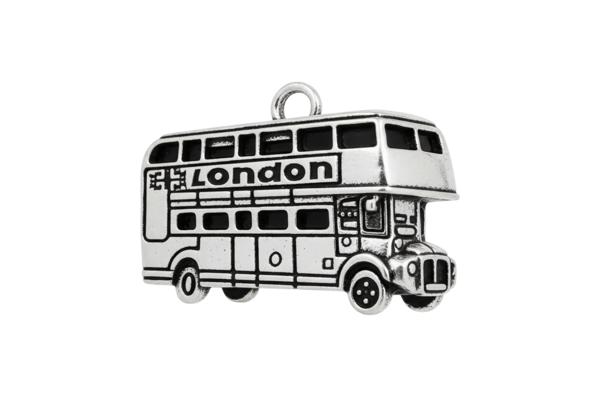 Antiqued silver double-decker bus charm with raised London lettering