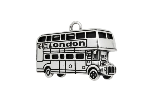 Antiqued silver double-decker bus charm with raised London lettering
