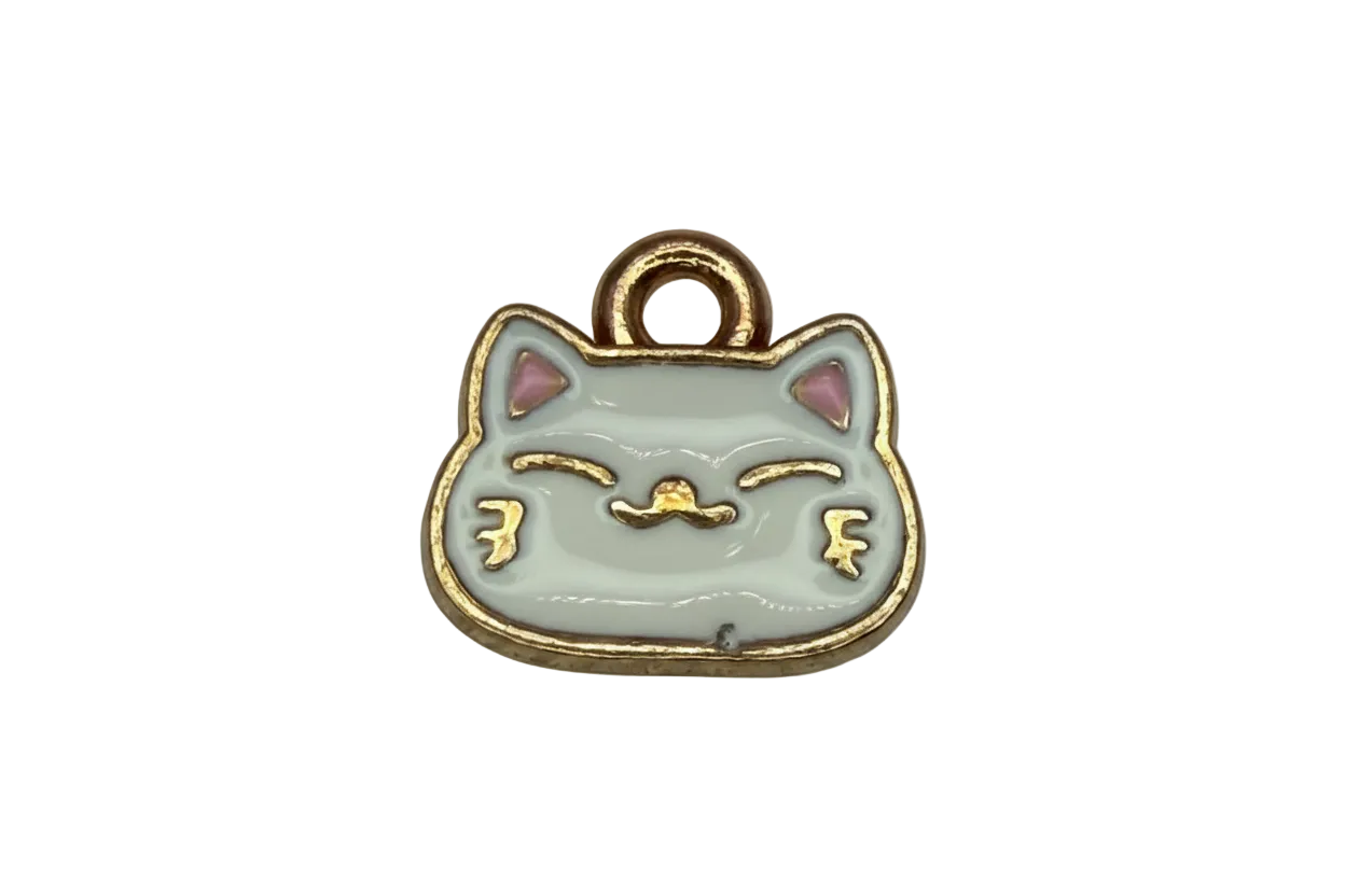 Sleepy cat face charm in pale gray enamel with pink ears and gold outline