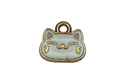 Sleepy cat face charm in pale gray enamel with pink ears and gold outline