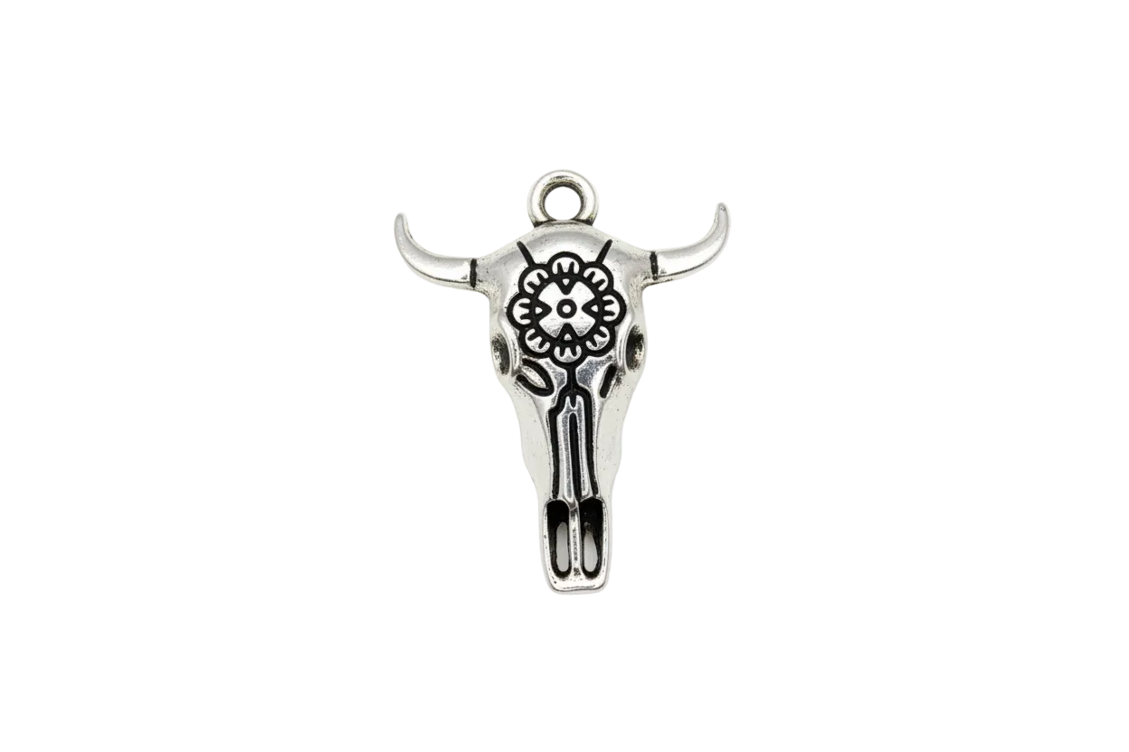 Antiqued silver bull skull with floral engraving