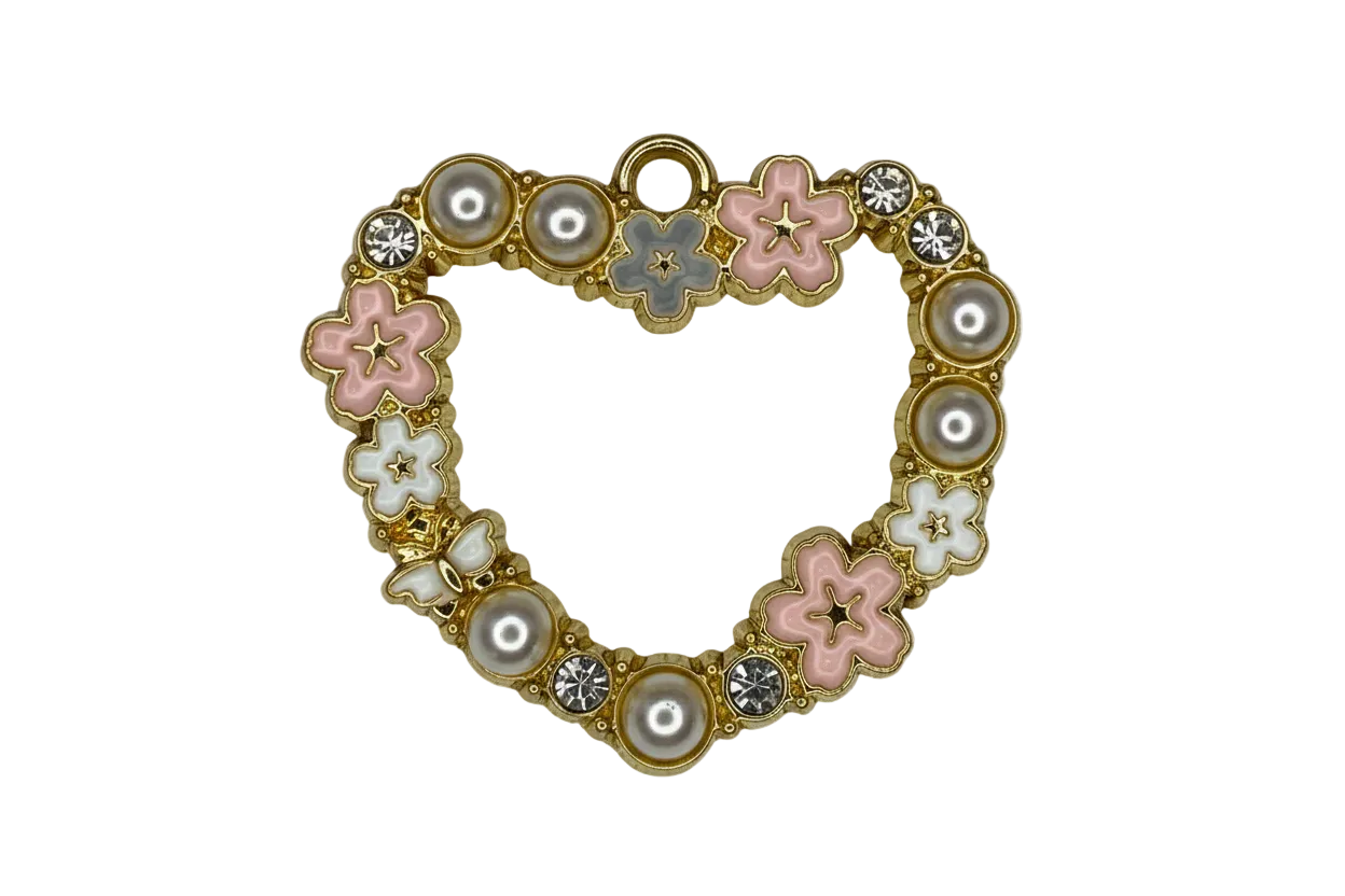 Gold heart frame with pink and white flowers, pearl accents, and clear gem stones