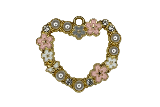 Gold heart frame with pink and white flowers, pearl accents, and clear gem stones