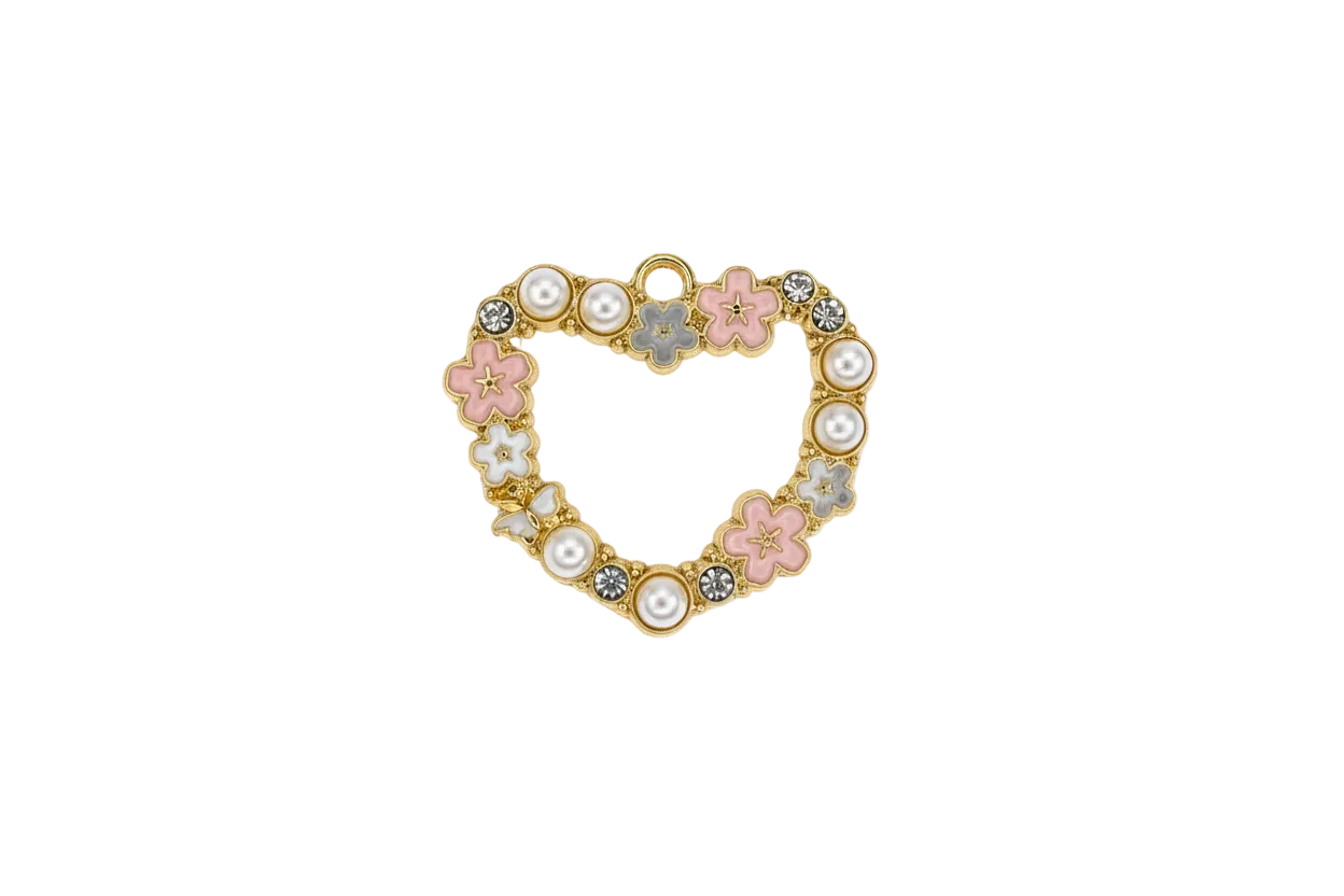 Gold heart with flowers, pearls, and clear gems