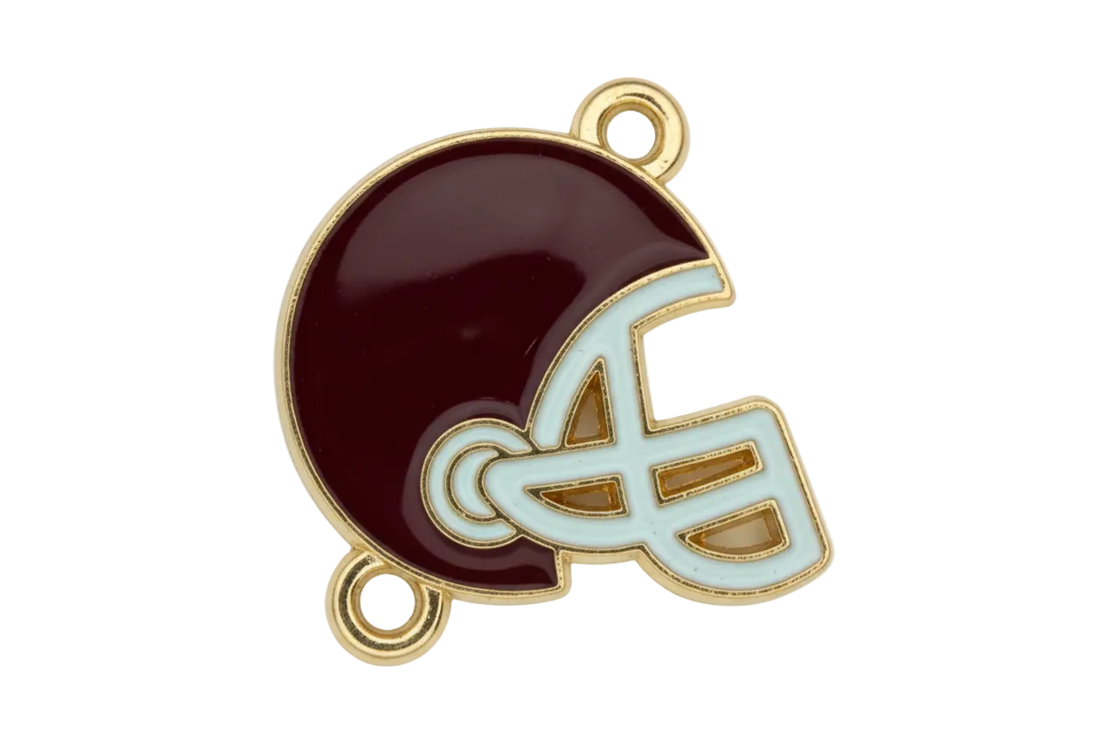 Maroon and white football helmet charm with gold outline, glossy enamel finish