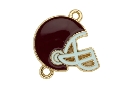 Maroon and white football helmet charm with gold outline, glossy enamel finish