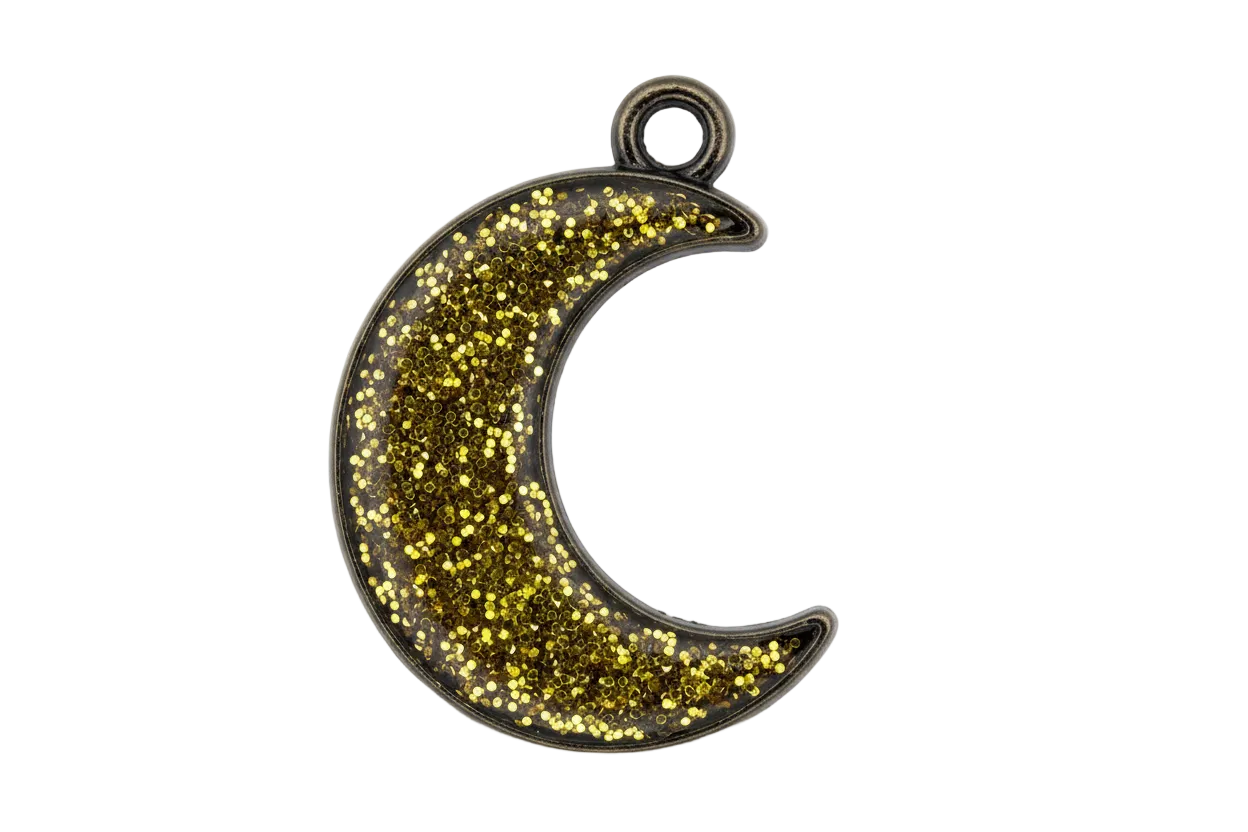 Gold glitter crescent moon charm with polished gold outline