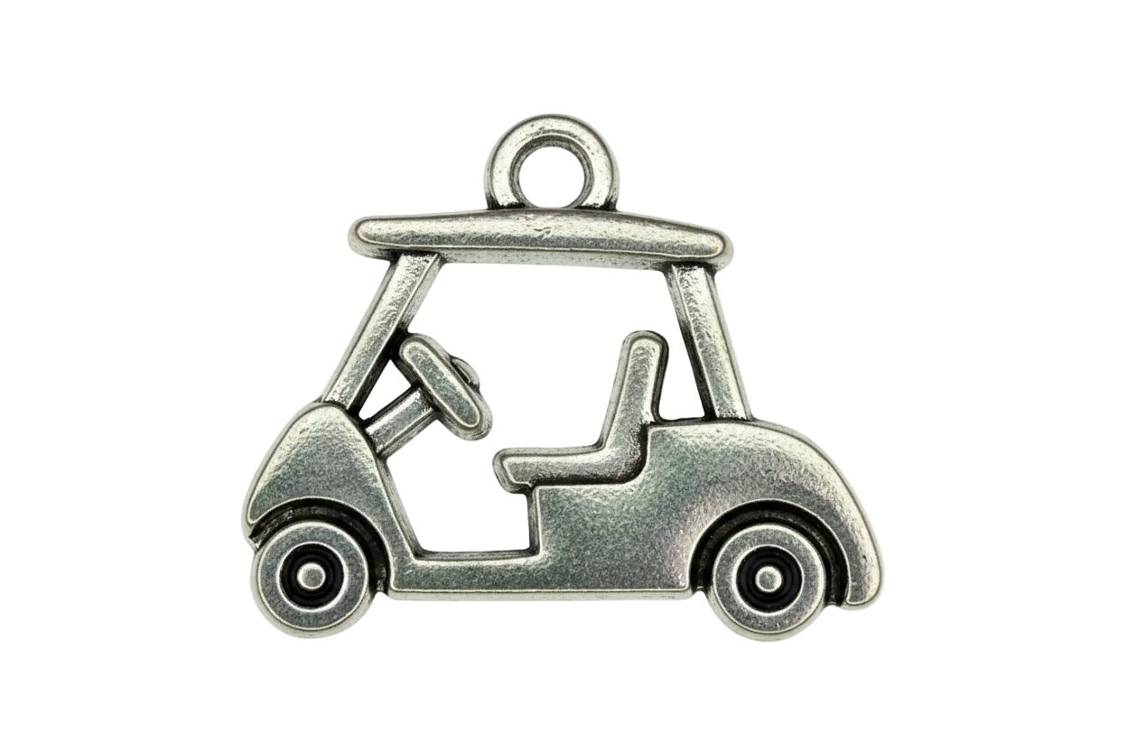 Antiqued silver golf cart charm with white enamel center and black wheel details