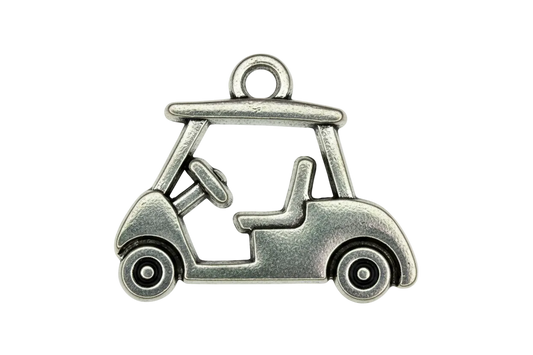 Antiqued silver golf cart charm with white enamel center and black wheel details