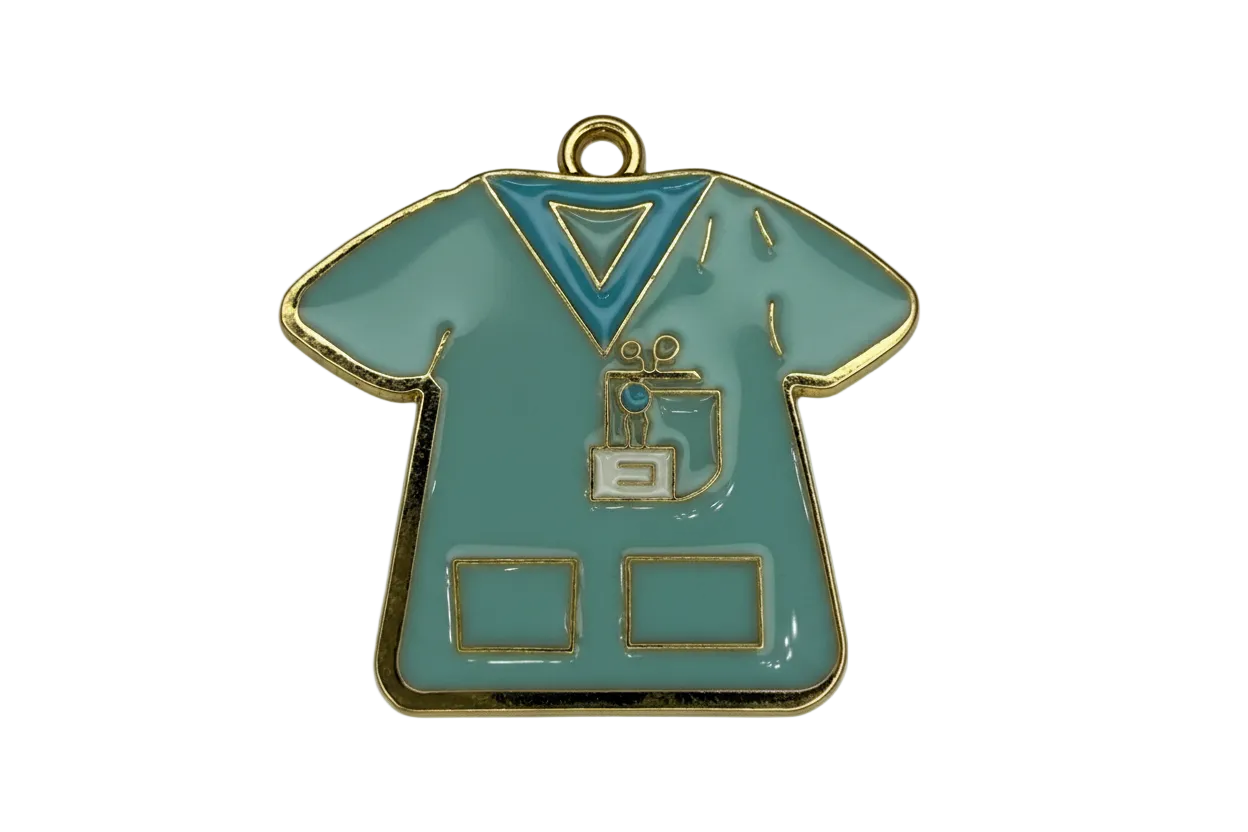 Teal enamel scrub top with gold outline and small badge detail