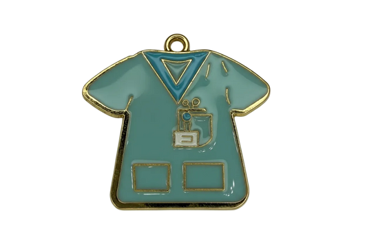Teal enamel scrub top with gold outline and small badge detail