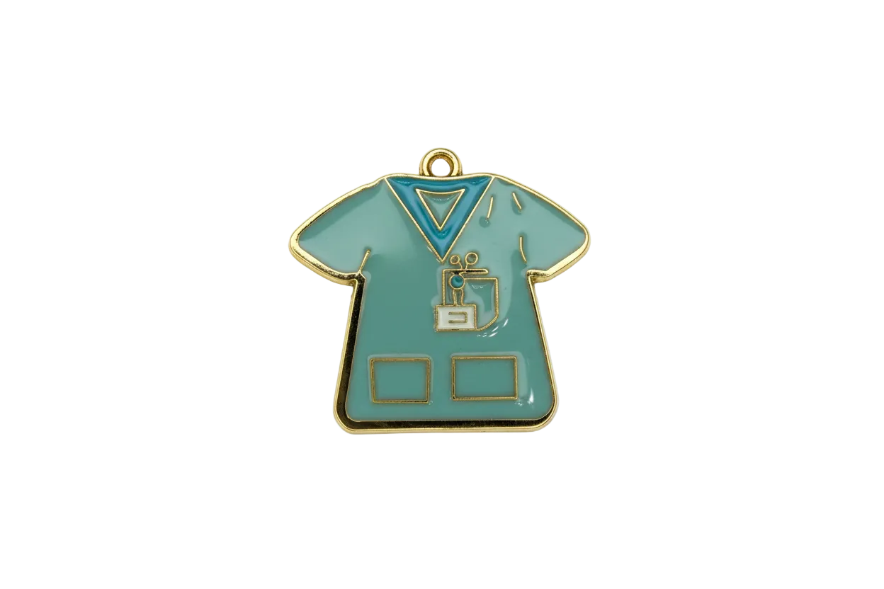 Teal enamel scrub top with gold outline