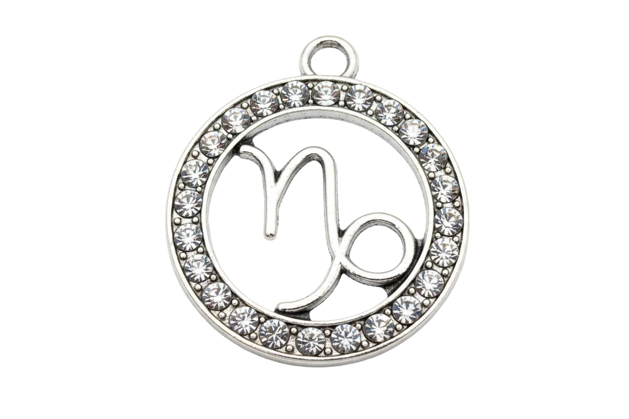 Silver round Capricorn zodiac medallion with clear crystal halo border