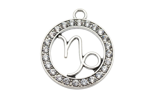 Silver round Capricorn zodiac medallion with clear crystal halo border