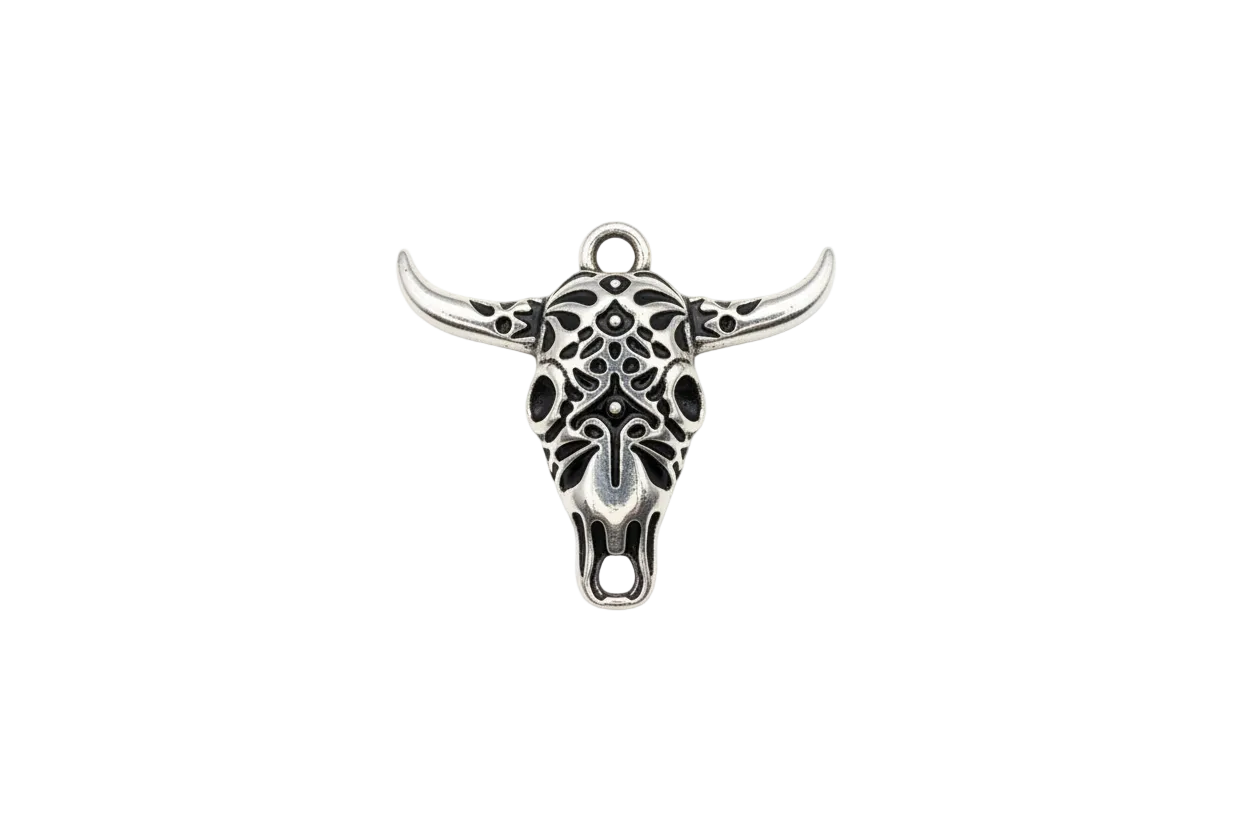 Oxidized silver longhorn skull with wide horns