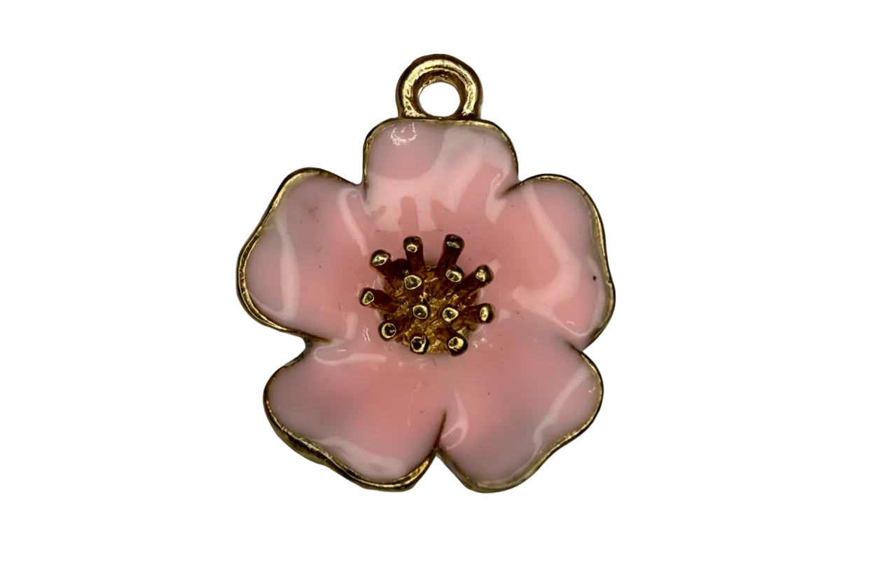 Blush pink flower charm with glossy enamel petals and gold outline, textured gold center