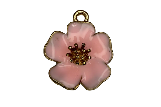 Blush pink flower charm with glossy enamel petals and gold outline, textured gold center