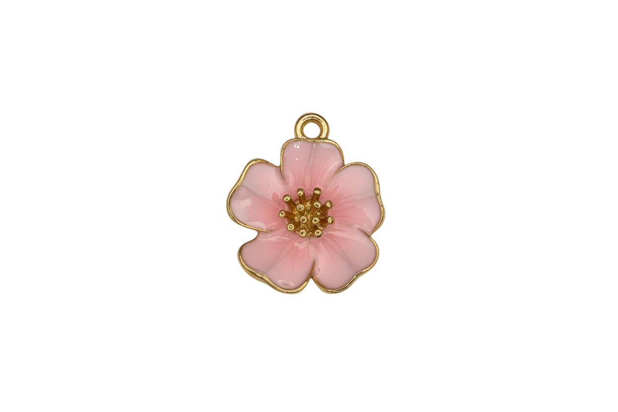 Blush pink enamel flower with gold outline and textured center
