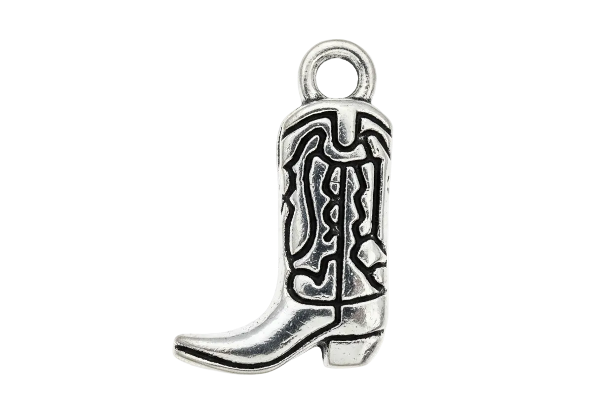 Silver-tone cowboy boot charm with engraved western pattern and oxidized black detailing