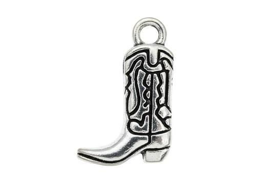 Silver-tone cowboy boot charm with engraved western pattern and oxidized black detailing