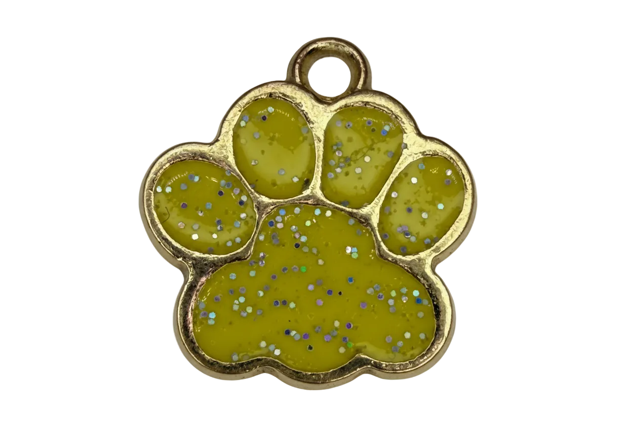 Gold paw print charm with glossy olive enamel and iridescent glitter flecks