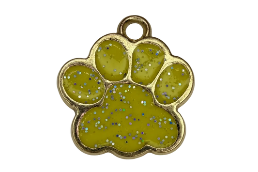 Gold paw print charm with glossy olive enamel and iridescent glitter flecks